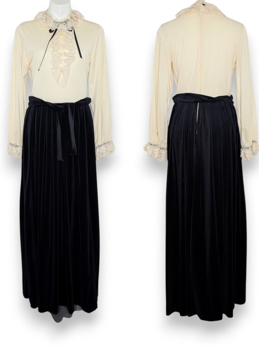 VTG Cream Lace High Neck Black Velvet Prairie Cottagecore Long Sleeve Maxi Dress